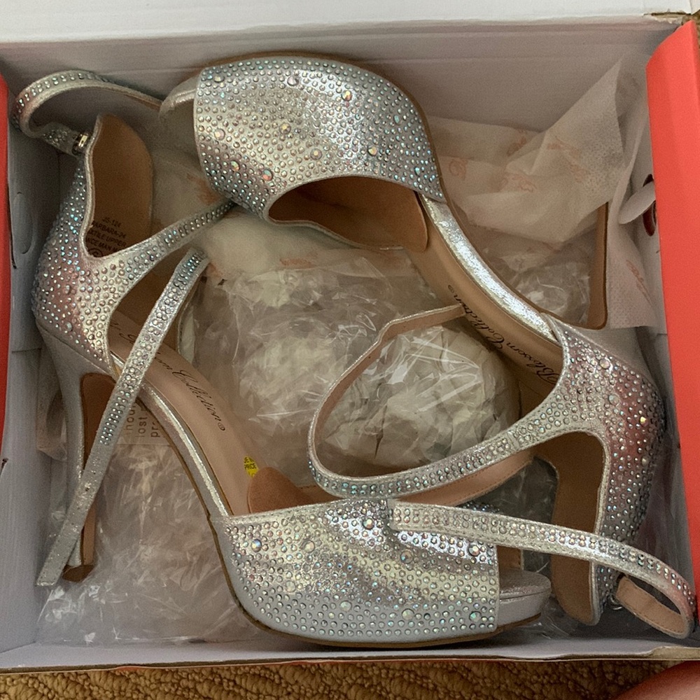 size 6, 4.5 inch silver, iridescent heels